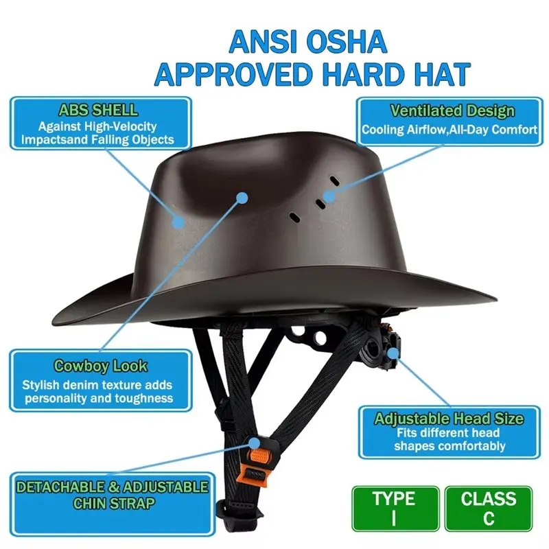 Cowboy Safety Helmet With Vent Hole HDPE Full Brim Hard Hat For Outdoor Construction Railway Rescue Work Cap