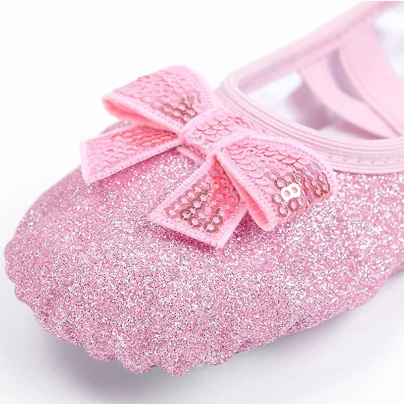 الفتيات بريق الشقق الباليه الرقص أحذية من الجلد للفتيات الجمباز الرقص ممارسة سبليت وحيد لا التعادل مع القوس سباركلي