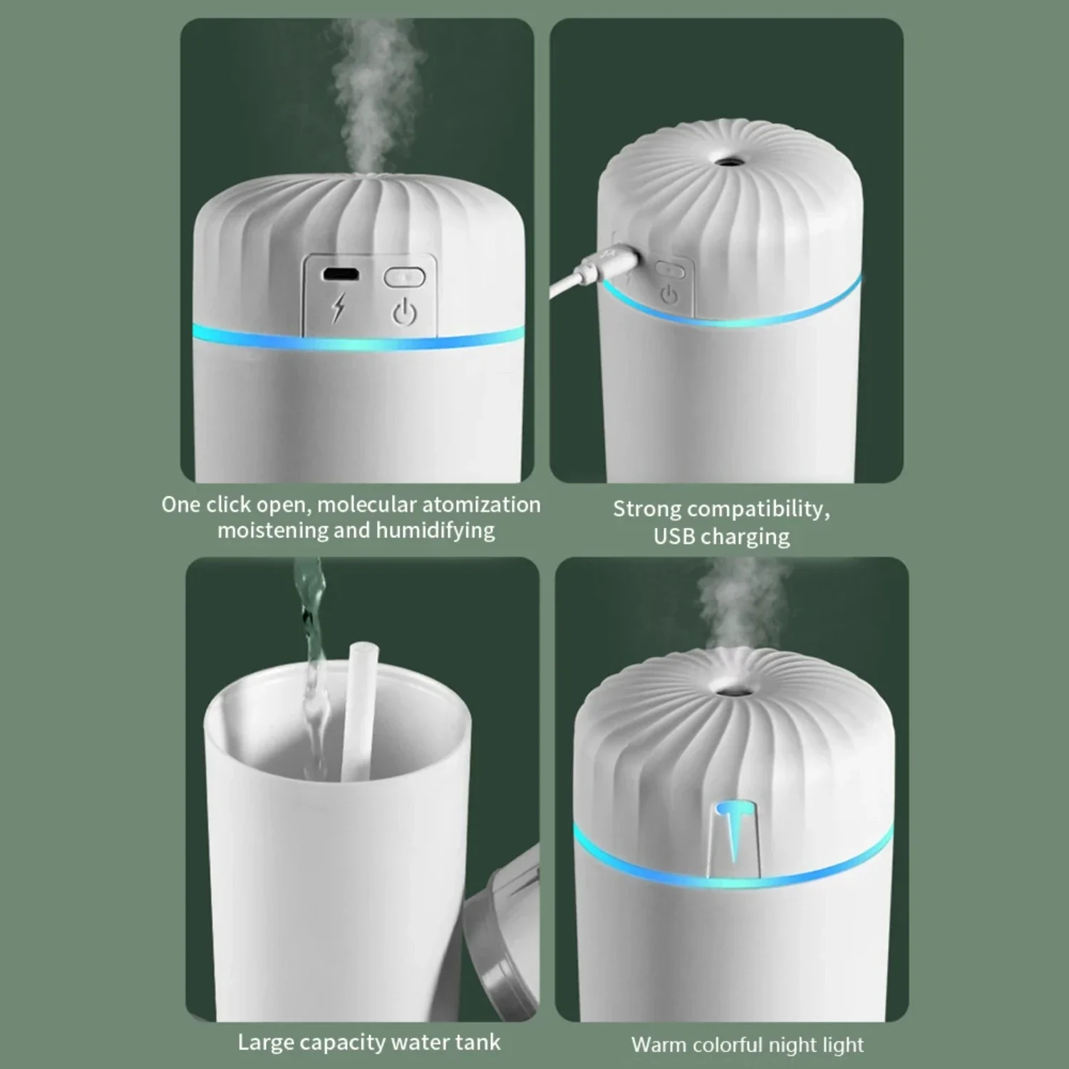 เครื่องทำความชื้นแบบหมอกเย็น450มล. แบบพกพาที่มีหมอกสดชื่นและไฟกลางคืน