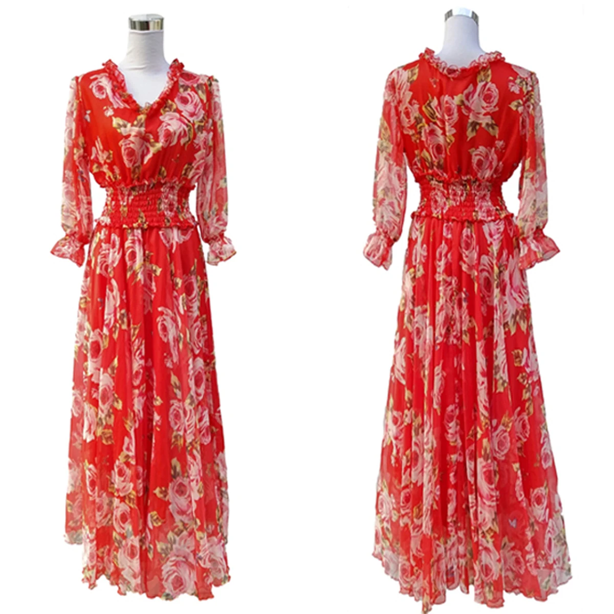 여름 휴가 꽃무늬 쉬폰 맥시 드레스와 프릴 슬리브 신축성 있는 허리 쉬폰 롱 드레스로 로맨틱한 순간을 선사합니다