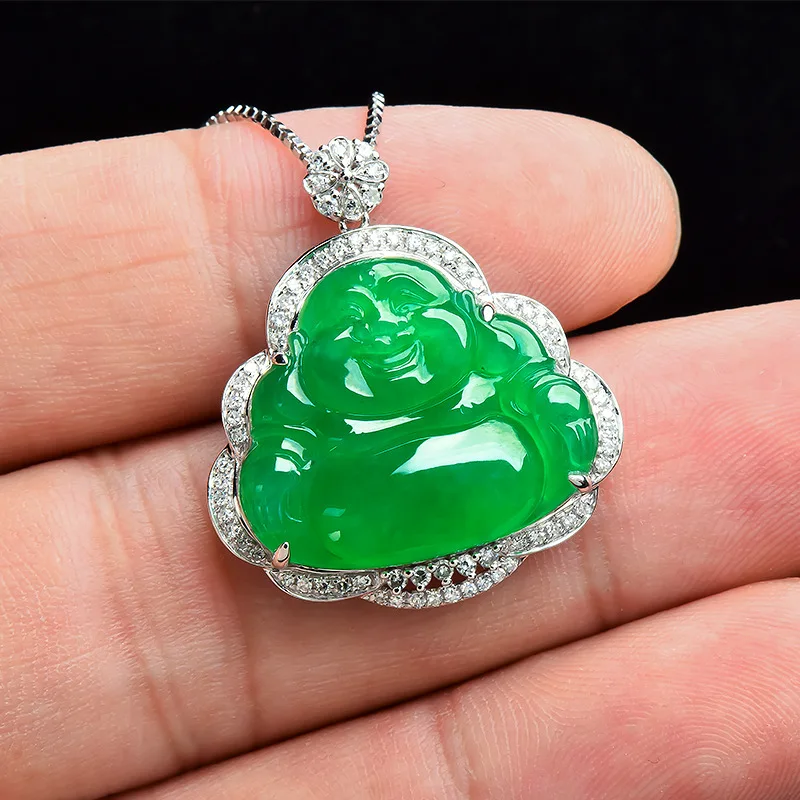 Jade Buddha Statue Natural Icy Bright Green White 18K Jinhao Diamond-Embedded Guanyin Men