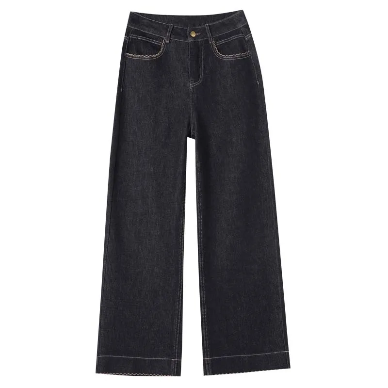 Lässige, vielseitige Denim-Blau-Jeans im Vintage-Stil, gewaschene Jeans, bodenlange Hose für Damen, Frühling und Herbst, neue Hose mit hoher Taille und weitem Bein