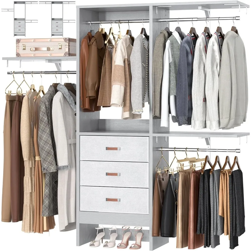 

5FT Small Closet System with 3 Fabric Drawers, 60 Inches Walk In Closet Organizer System With 3 Adjustable Shelves, Hea