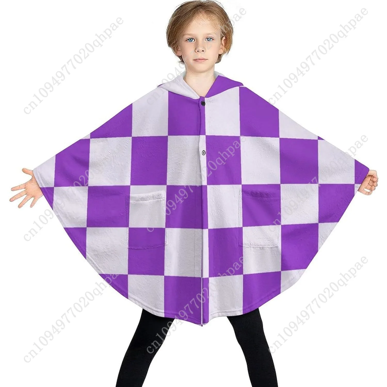 Comodo maglione coperta in flanella, felpa con cappuccio oversize a quadretti viola bianchi con tasche per bambini e adolescenti