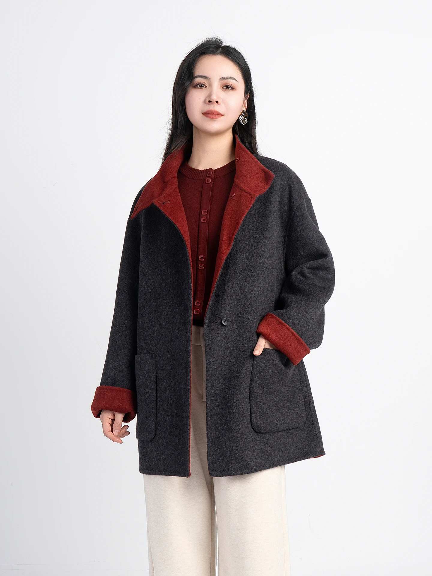 

Пальто женское средней длины из чистого шерстяного твида с цветовыми блоками Yanzi Fashion, двустороннее шерстяное пальто для женщин