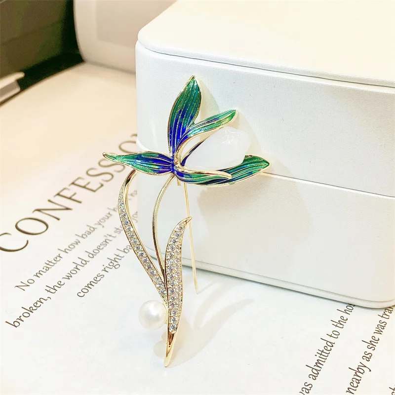 Chinese Style Enamel Magnolia Brooch For Women Freshwater Pearl Zircon Lucky Wealth Elegant Lapel Pin For Suit Coat Jewelry Gift