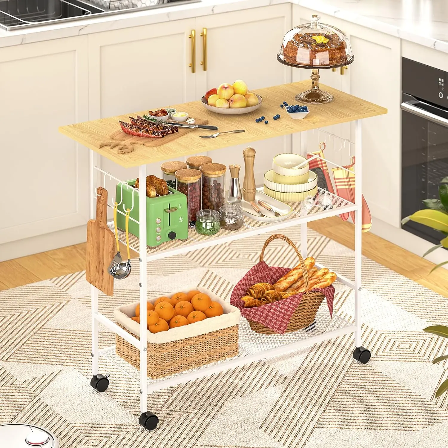 

Kitchen Island with 3 Shelves, Rolling Kitchen Cart with 6 Hooks and Protective Shelf, Microwave