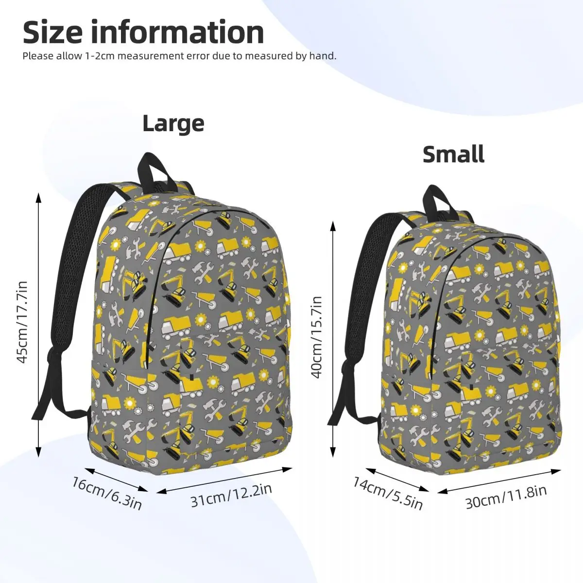 Construção Caminhões On Illuminating Canvas School Book Bags, mochila para estudantes adolescentes, mochila para faculdade alta, amarelo e cinza final