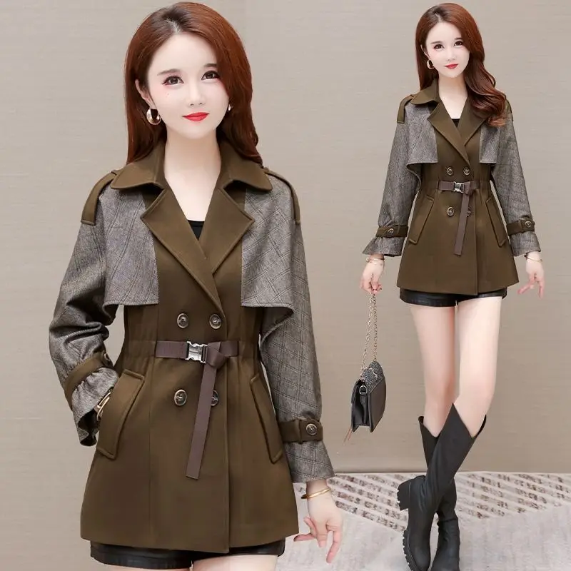 

2023 New Women Elegant Slim Fit Mid-Length Trench Coat Fashionable Patchwork Large Size Outwear Female Casual All-match Outcoat