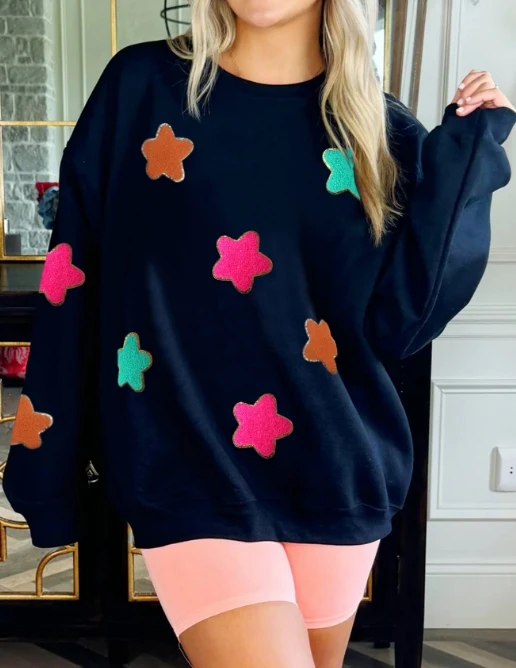 

Towel embroidered star round neck hoodie