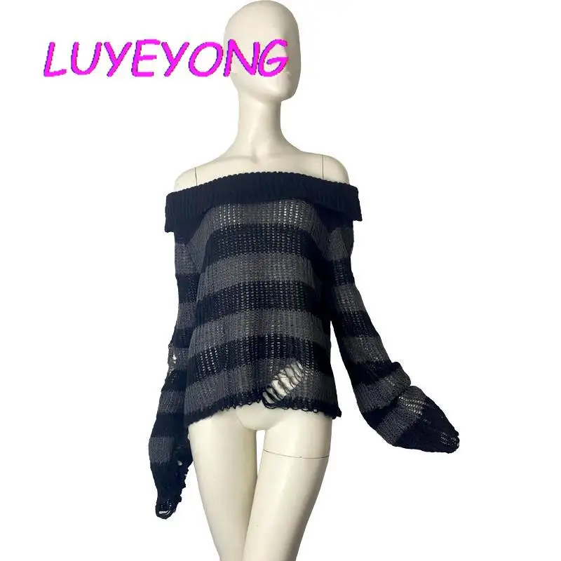 

Dark Goth Knitted Short Jumpers Y2k Girl Striped Hollow Out Off Shoulder Sweaters Female Punk Slash Neck Pullover Gothic Sweater