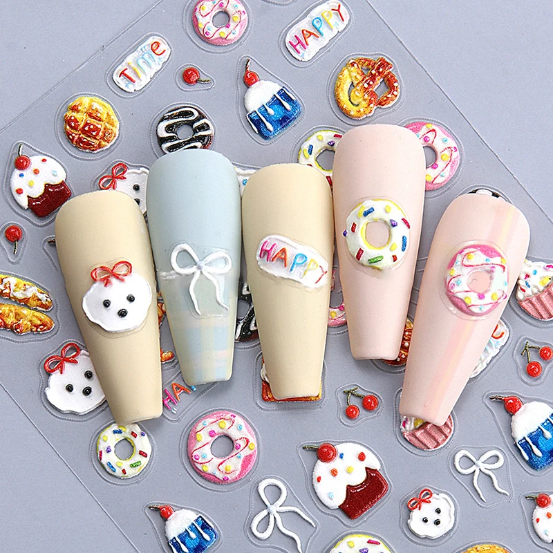 Cake Donut Ice Cream Design Cute 5D Soft Embossed Reliefs Self Adhesive Nail Art Stickers Cartoon 3D Manicure Decals