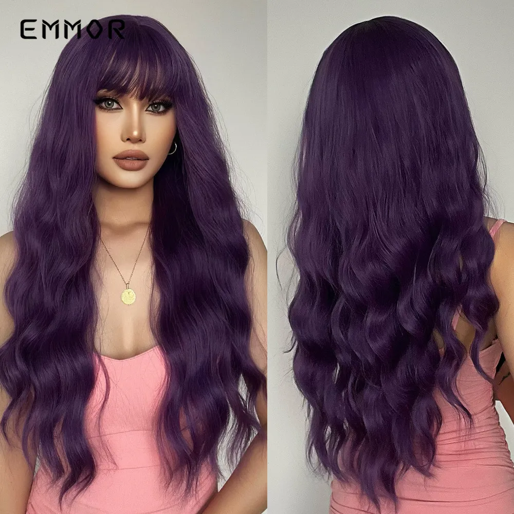 

Emmor Synthetic Long Ombre Black to purple Wigs for Women with Bangs Long Wavy Wig Party Daily Heat Resistant Fibre Hair Wigs