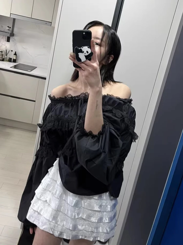 

Chic Sweet Spring Long Sve Lace Trimmed One oulder Women's irt Korean Sle Loose Fit Commute Friendly Faion