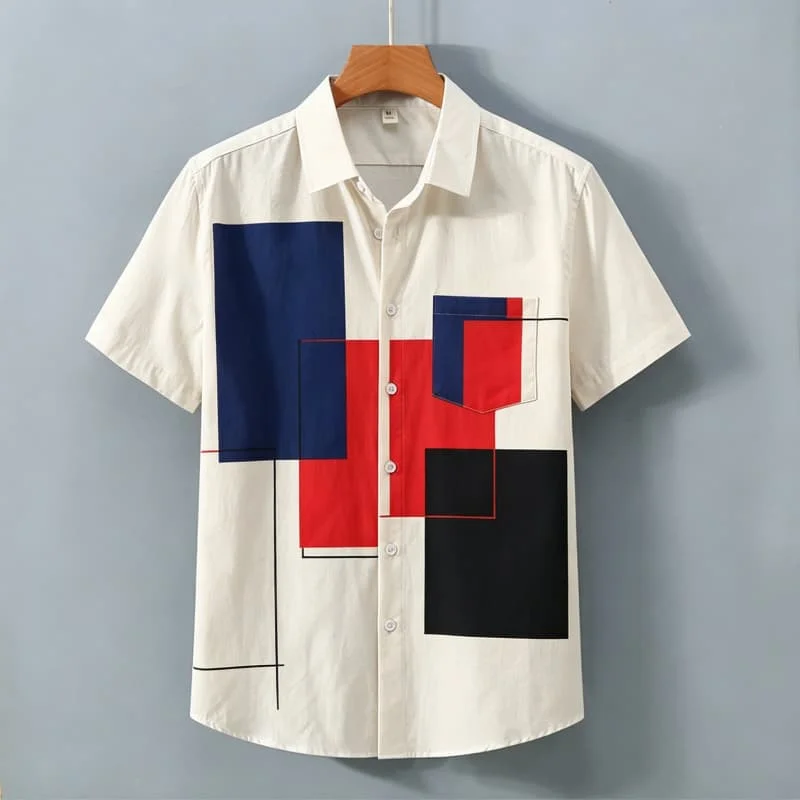 Geometric Printed Short Sleeved Shirt With pockets, Sleek Modern style, Suitable For Casual Wear And Outdoor Travel