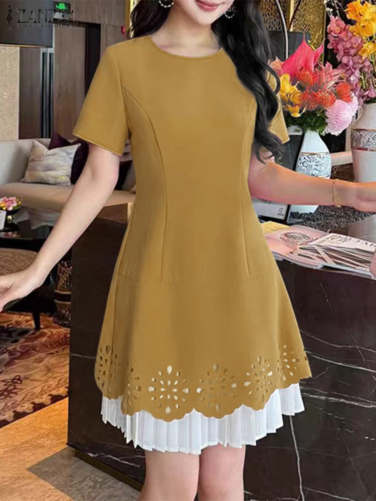 잔제 여성 우아한 드레스 패치워크 미니 선드레스 2025 여름 캐주얼 반팔 레이스 속이 비치는 캐주얼 파티 베스티도스 로브