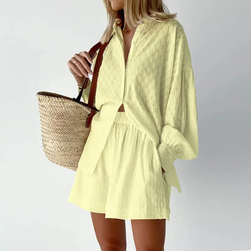 2024 Summer Women White Shorts Sets Hollow Loose Shirt And Shorts Suit 2 Piece Set Fabric Lantern Sleeve Female Outfits Homewear