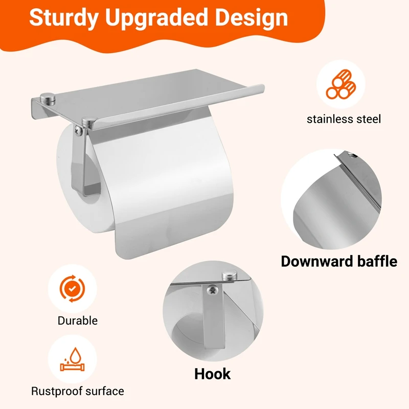 Modern Stainless Steel Wall Mount Toilet Paper Holder with Phone Shelf Roll Paper Holder Bathroom Fixture Bathroom-A51M view 5