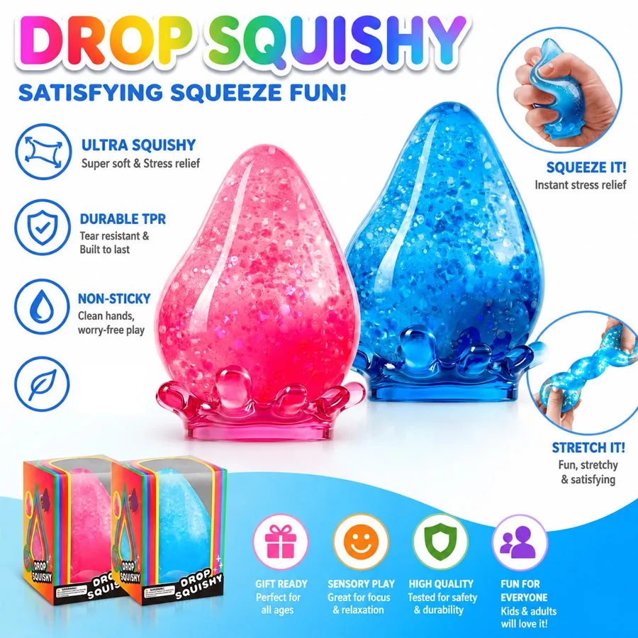 2026 New Slow Rebound Squishy Toys Soft Water Drop&Cube Stress Relief Squeeze Toy Anxiety Fidget Gift for Office Easter Birthday