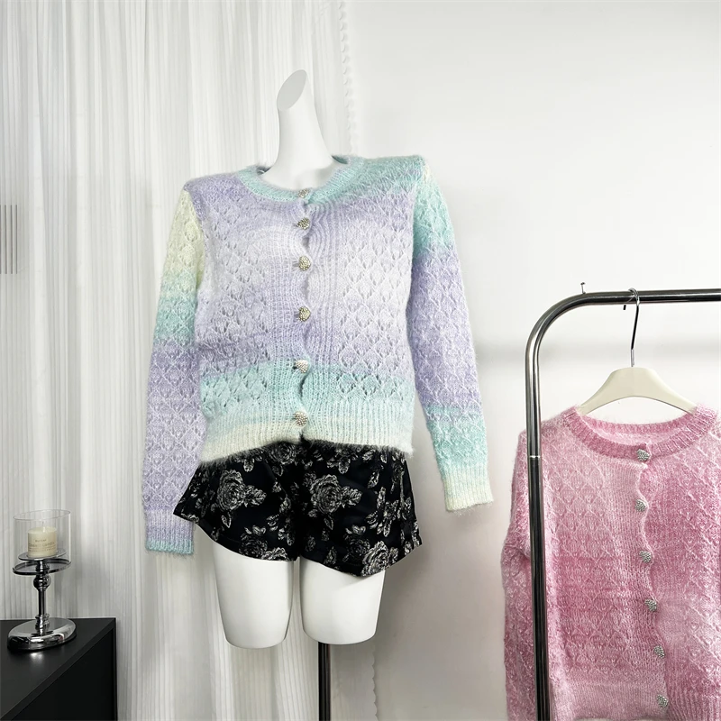 Round Neck Tie Dye Blue Lazy Wind Cashmere Jacket Women's Clothing Knitting Sweater Cardigan Vintage Fashion Autumn Tops