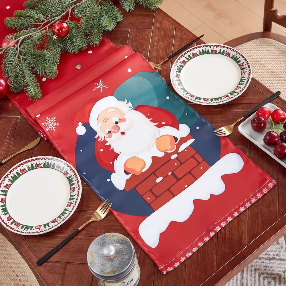 Christmas Decoration Table Runner Santa Claus Print Table Cloth Festive Style For Home Kitchen Table Centerpiece
