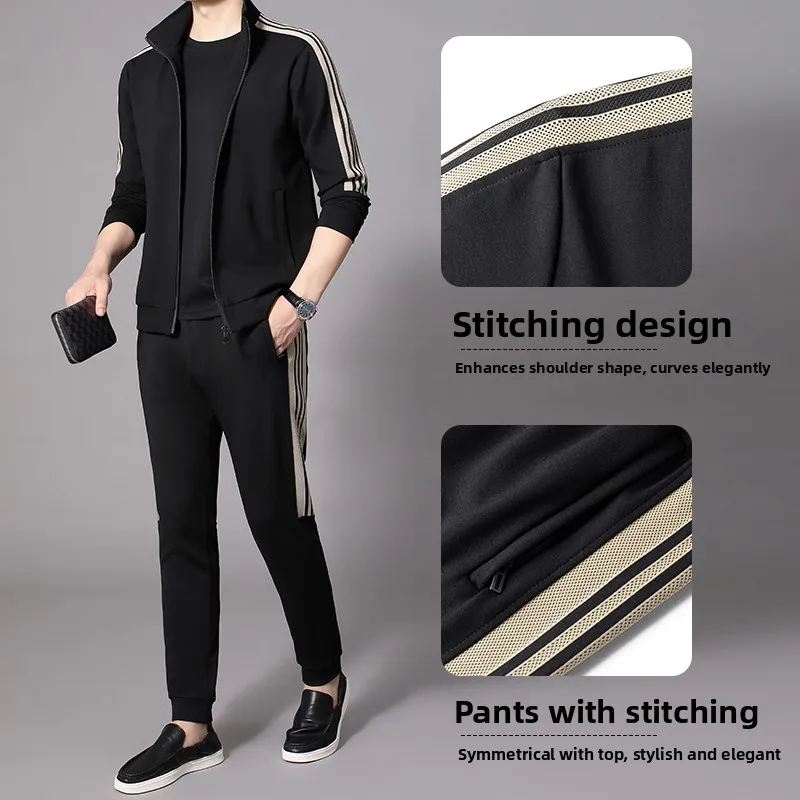 

Весенне-осенний мужской спортивный костюм: повседневный комплект с полосками, длинными рукавами, для бега, парный, вязаный, трикотажный, из девяти предметов, брюки