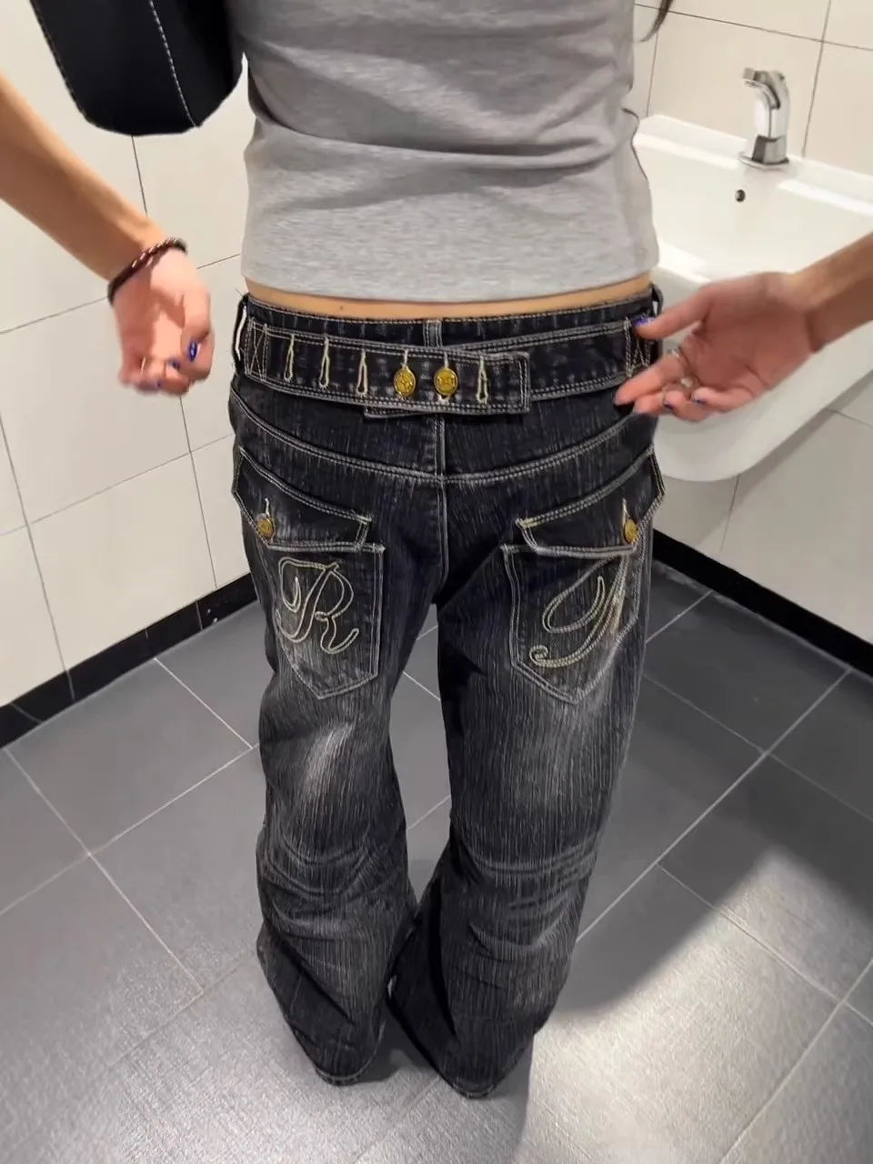 

Large Size American Style Embroidered Paris Button Denim Pants Women's New Fashion Straight Leg Pants Cool And Handsome