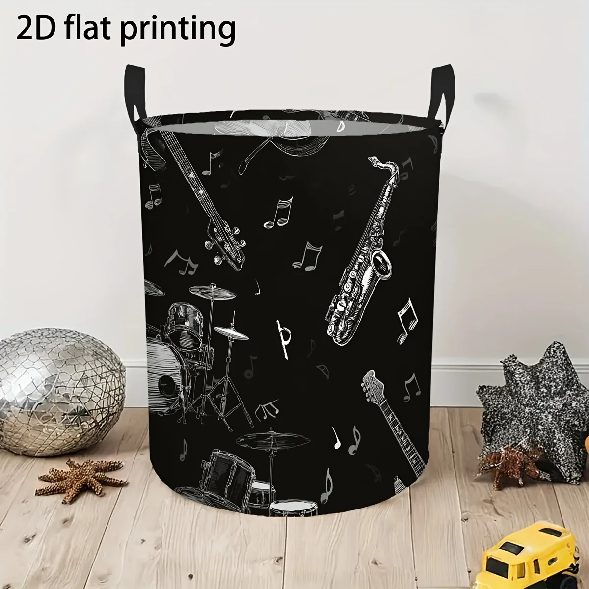 Large Round Storage Basket with Music Note Guitar Drum Print Portable Foldable Hamper Suitable Laundry Dorm  Room Heavy