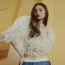 Hippie Style Puffy Ruffles Tulle Tops for Women Sheer Illusion Ruffled Tulle Female Blouse Shirts Custom Made 2023 Sumer Top