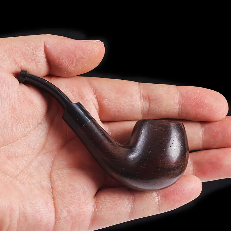 Ebony Mini Palm Portable Cut Tobacco Pipe, Retro Gentleman Bent Type Small Smoking Pipe with Accessory