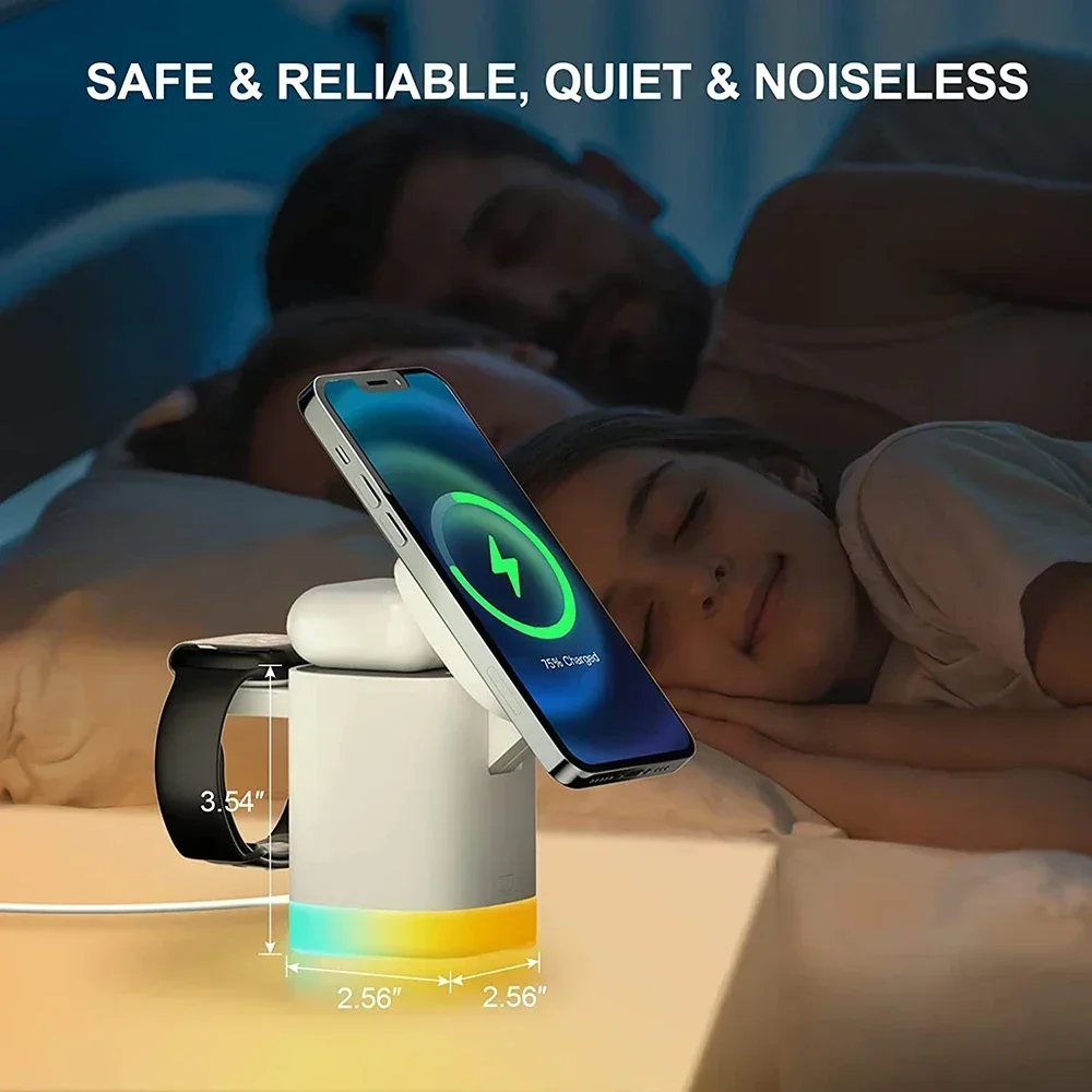 

3 in 1 Magnetic Wireless Charger Portable Phone Stand with LED Light For iPhone 16 15 AirPods iWatch 8 7 6 Fast Charging Station