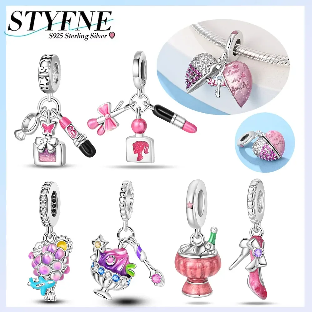 925 Chapado en plata Original Rosa tacones altos lápiz labial Perfume, ramo, pulsera de helado cuentas aptas para pulsera mujer regalo Diy