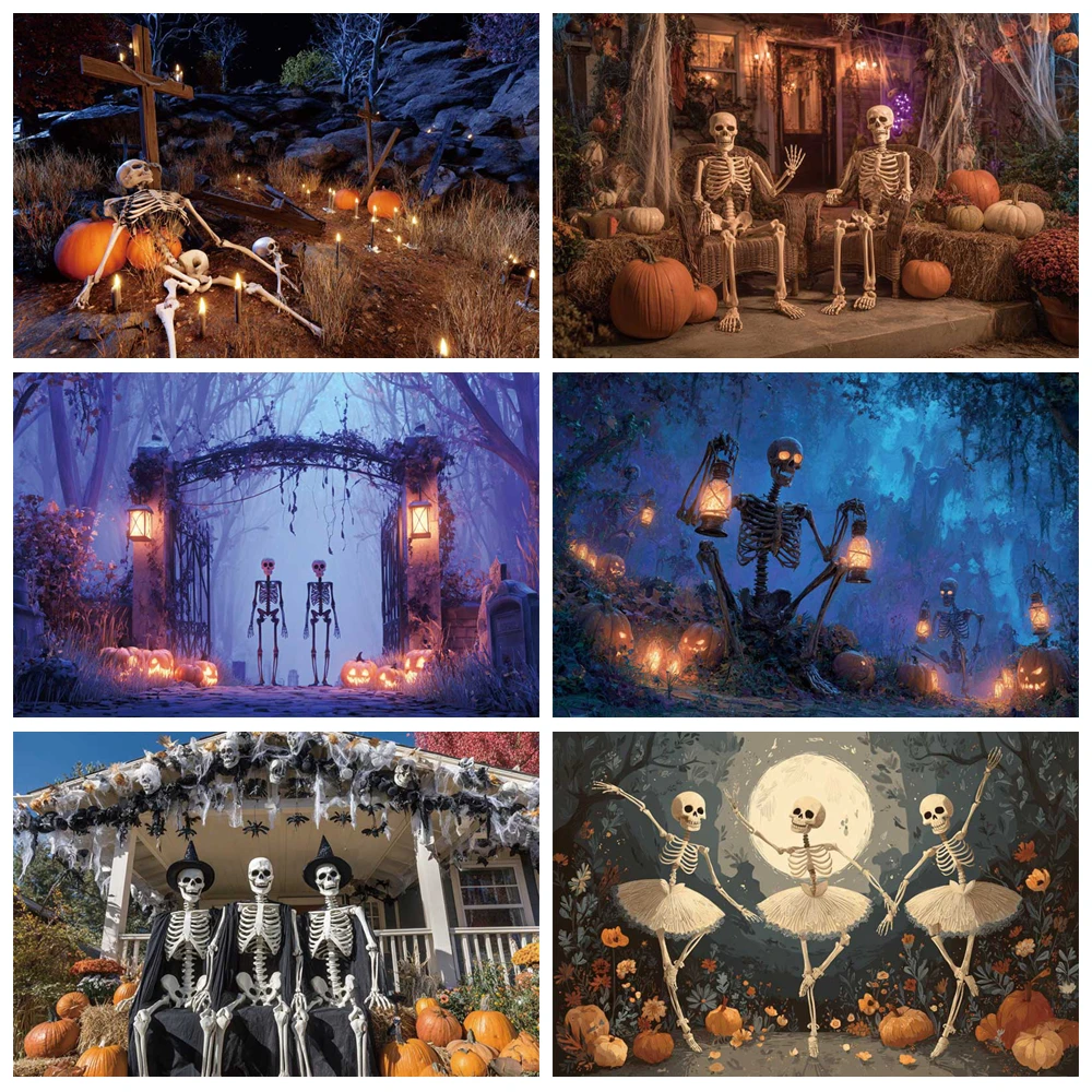 

MOON.QG Skeleton Halloween Backdrops Crosses Autumn Weeds Jack O'Lanterns Photocall Background Wall Photography Studio Poster