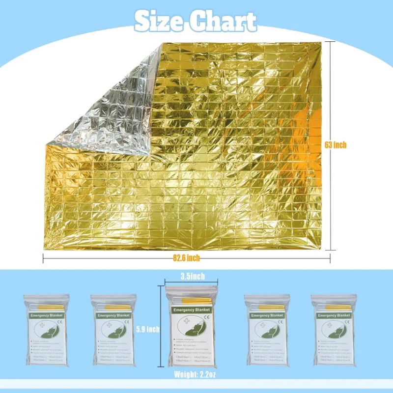 Survival Blanket Reflective - 5 SZTUK Dwukolorowe Srebrno-Złote Koce Termiczne