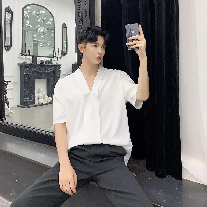 

Новая мужская футболка в корейском стиле с V-образным вырезом, тонкая, повседневная, в китайском стиле, модная, универсальная, свободного кроя, летняя, городская, Y...