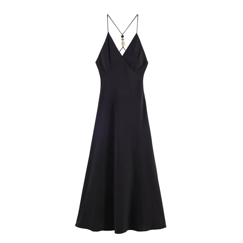 

2026 New Arrival Gemstone-Trimmed Spaghetti Strap Midi Dress, Fashionable and Casual, Elegant and Graceful