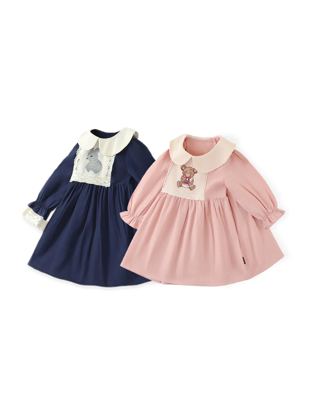 Baby girls Dress French doll collar Rabbit Embroidery 2024 Fall long-sleeved navy blue preppy dress Princess dresses