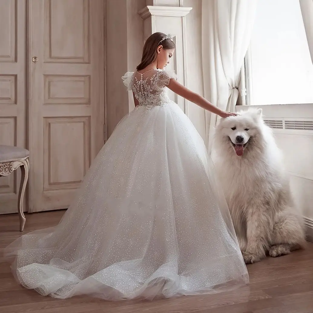 

New Flower Girl Dress Glitter Tulle Appliques Children Wedding Party Gown First Communion Dress