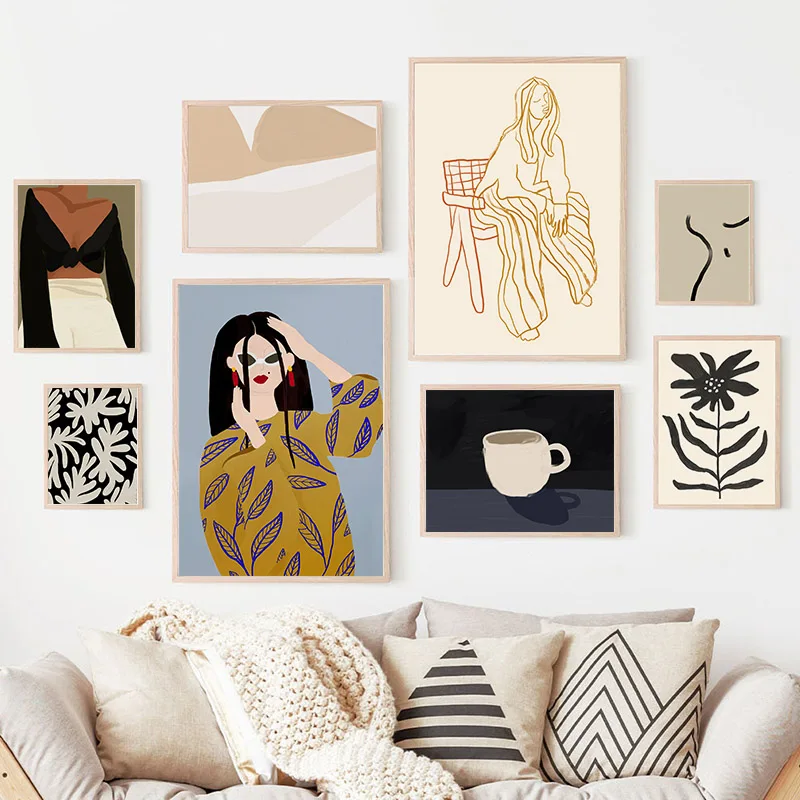 Boho Abstract Woman Wall Art Modern Minimalist Line Drawing Canvas Prints Aesthetic Coffee Flower Posters Living Room Home De