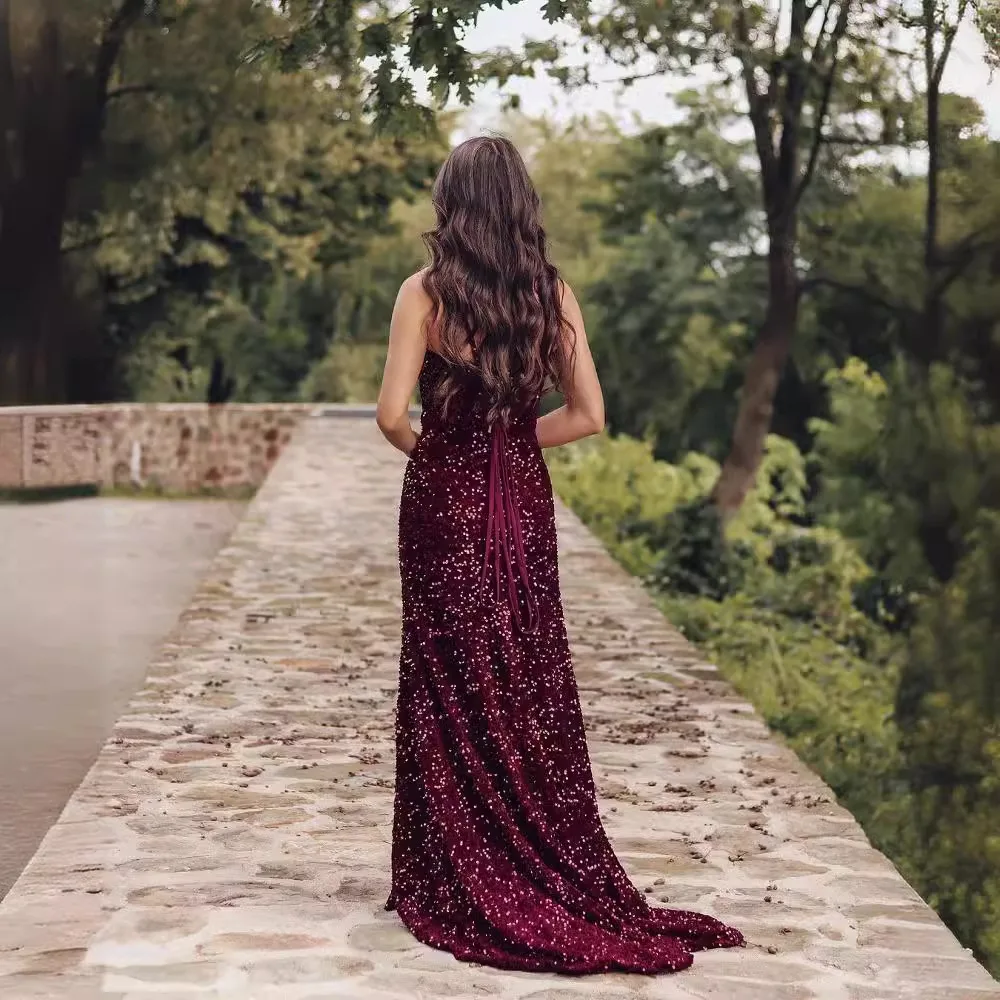 Burgundy Sequins Spaghetti Straps Prom Gowns V-neck Backless High Split Cocktail Party Dress Sparkl Evening Dress Customized