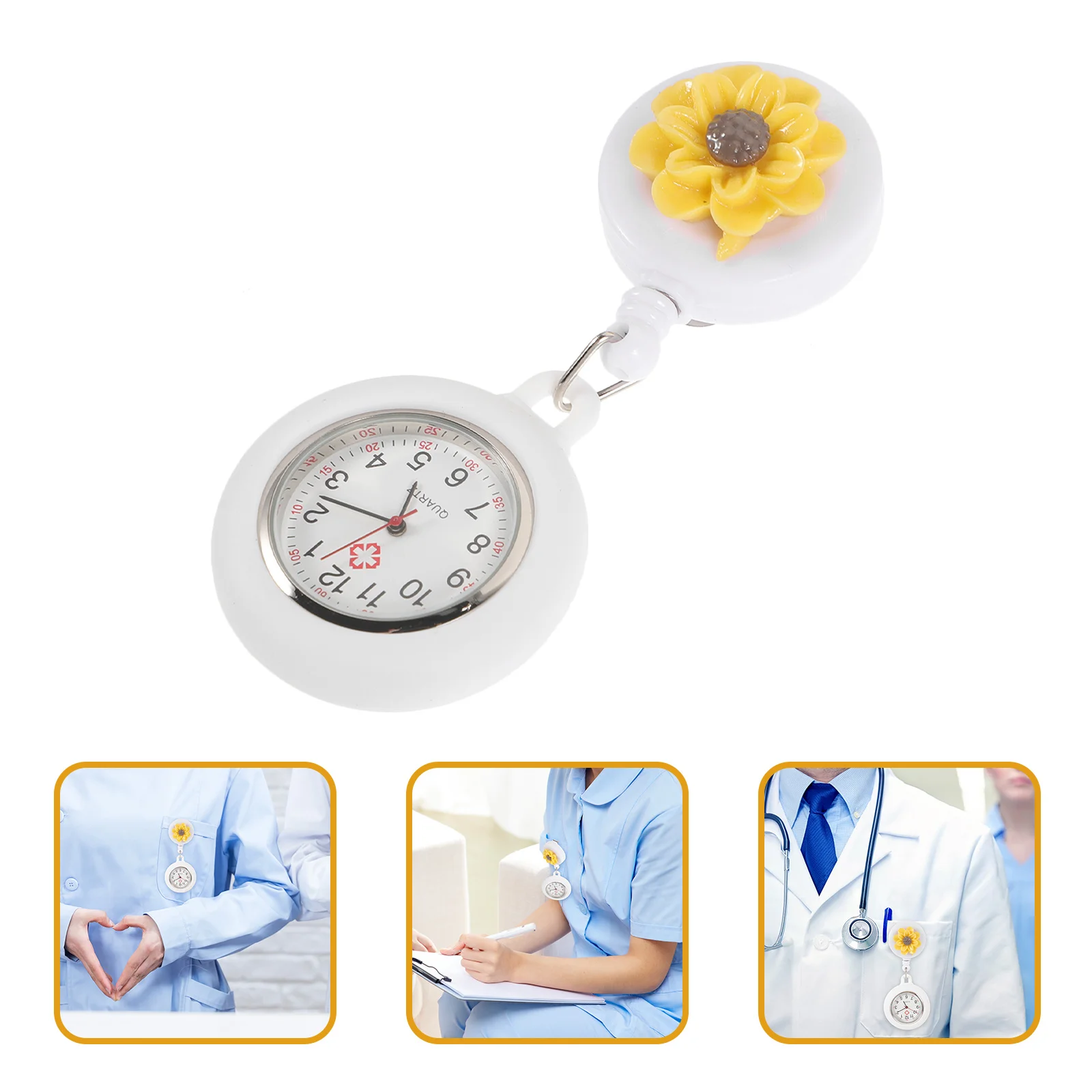 Retractable Clip on Nurse Pocket Watch Portable Lightweight Flower Decor Nurse Watch for Medical Staff Doctors