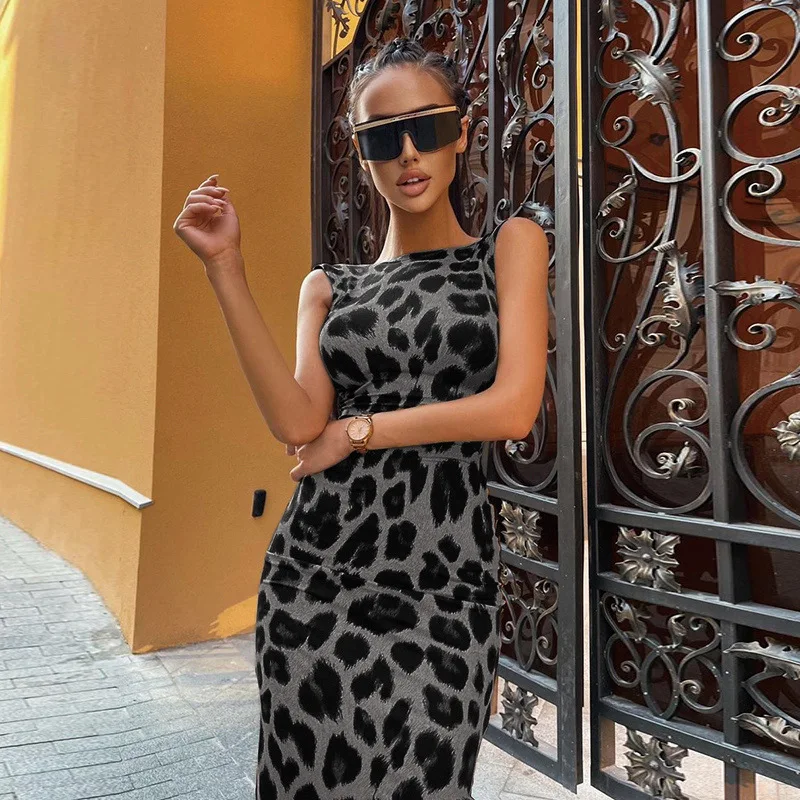 2024 Spring Summer New Style Leopard Print Tank Top Open Back Mid length Dress European and American Style Tight Long Skirt