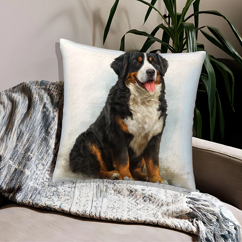 Bernese Mountain Dog Pillow Cover Single Sided Short Plush 18x18 Inch Hidden Zipper Washable Pet Lover Gift