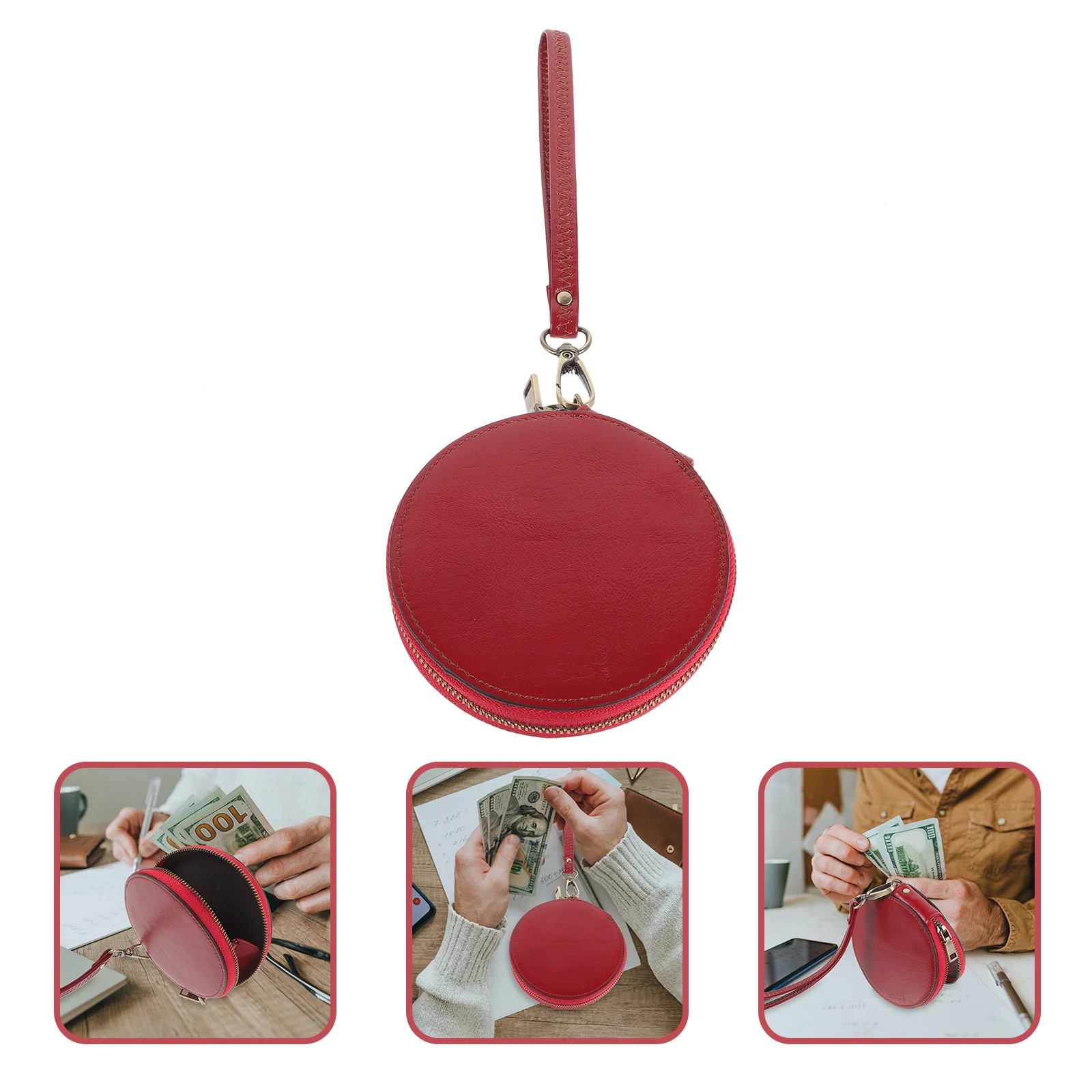 

Mini Dark Red Cowhide Coin Purse Vintage Round Zipper Wallet Small Handbag Wrist Lanyard Business Cards Cash Storage
