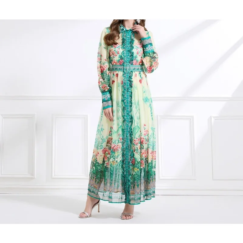 فستان عتيق للنساء قصر فستان مطبوع عتيق زهري كم طويل ميدي خط أنيق ربيعي فيستدوس ملابس بالجملة