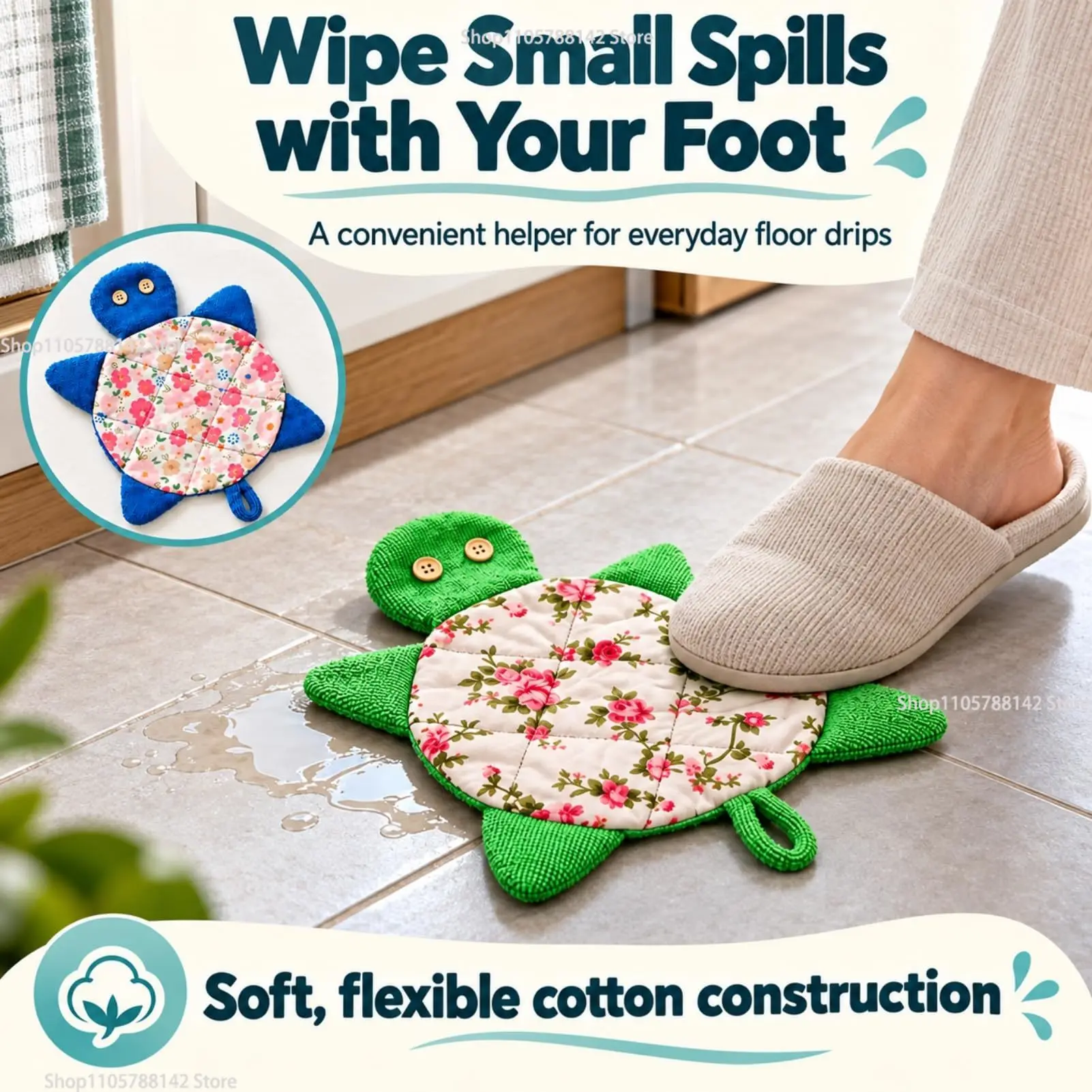 Colorful Floor Turtle Foot Mop,Reusable Household Washable Spill Towels Soft Cotton Fabric Cleanup Hanging Tail Loops
