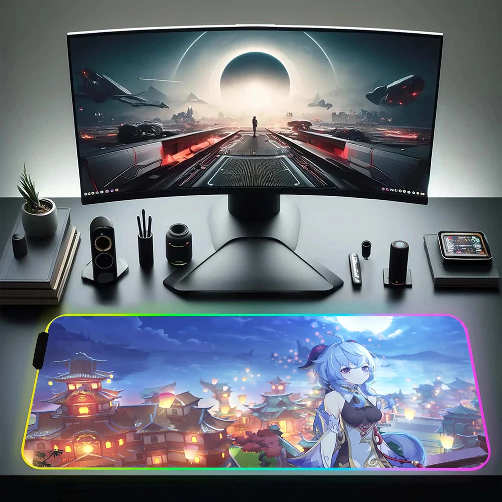 Fashion Game Genshin Impact RGB Pc Gamer Keyboard Mouse Pad Mousepad LED Glowing Mouse Mats Rubber Gaming Computer Mausepad Gift