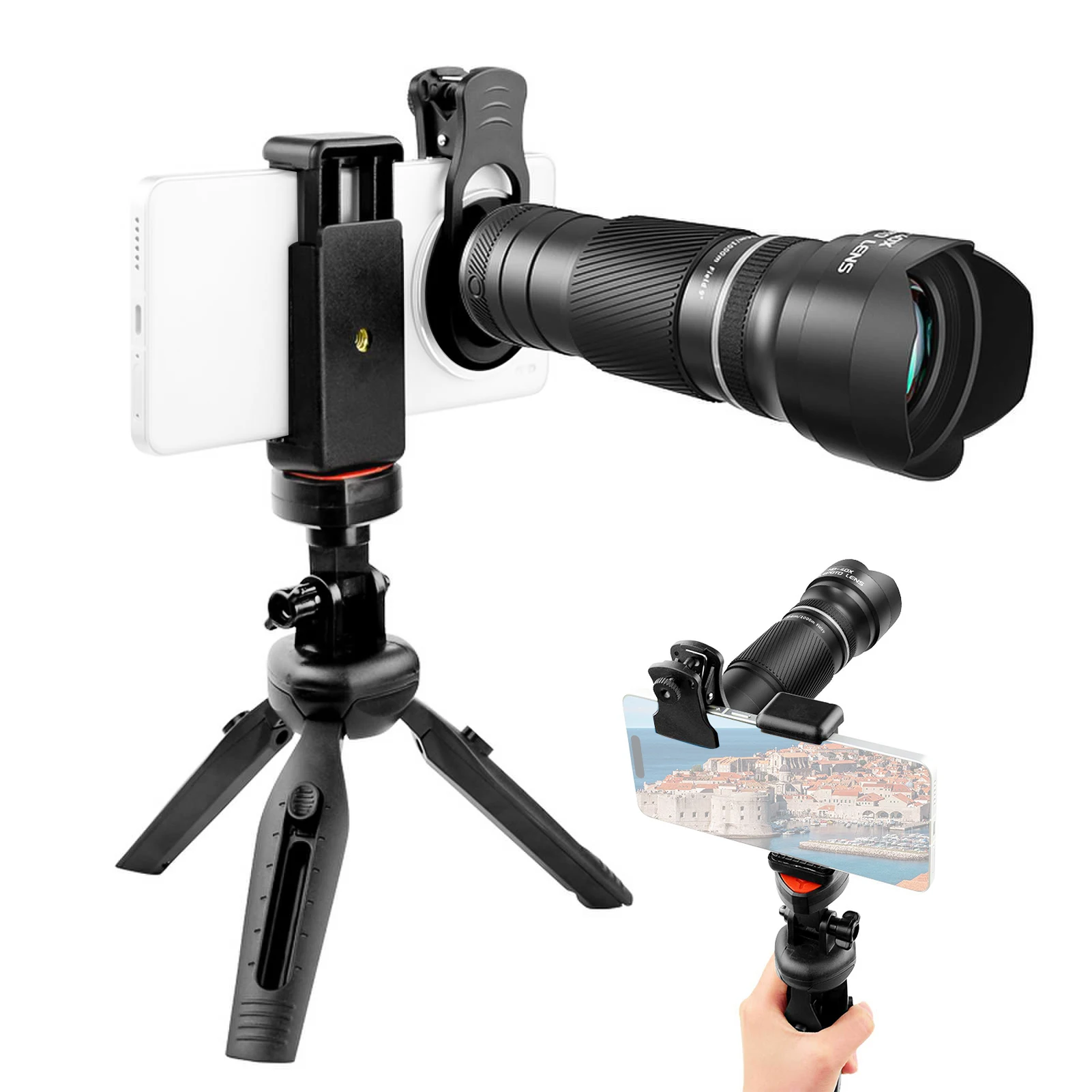 Objectif zoom 40X avec trépied, téléobjectif pour téléphone, télescope pour téléphone, objectif d'appareil photo pour téléphone pour la randonnée, le camping, l'observation de la faune, l'observation de la lune