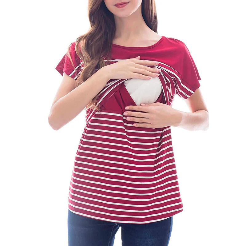 New Multifunction Maternity Clothes Women Maternity Short Sleeve Casual Striped Nursing Tops T-shirt Breastfeeding Tops Pregnant