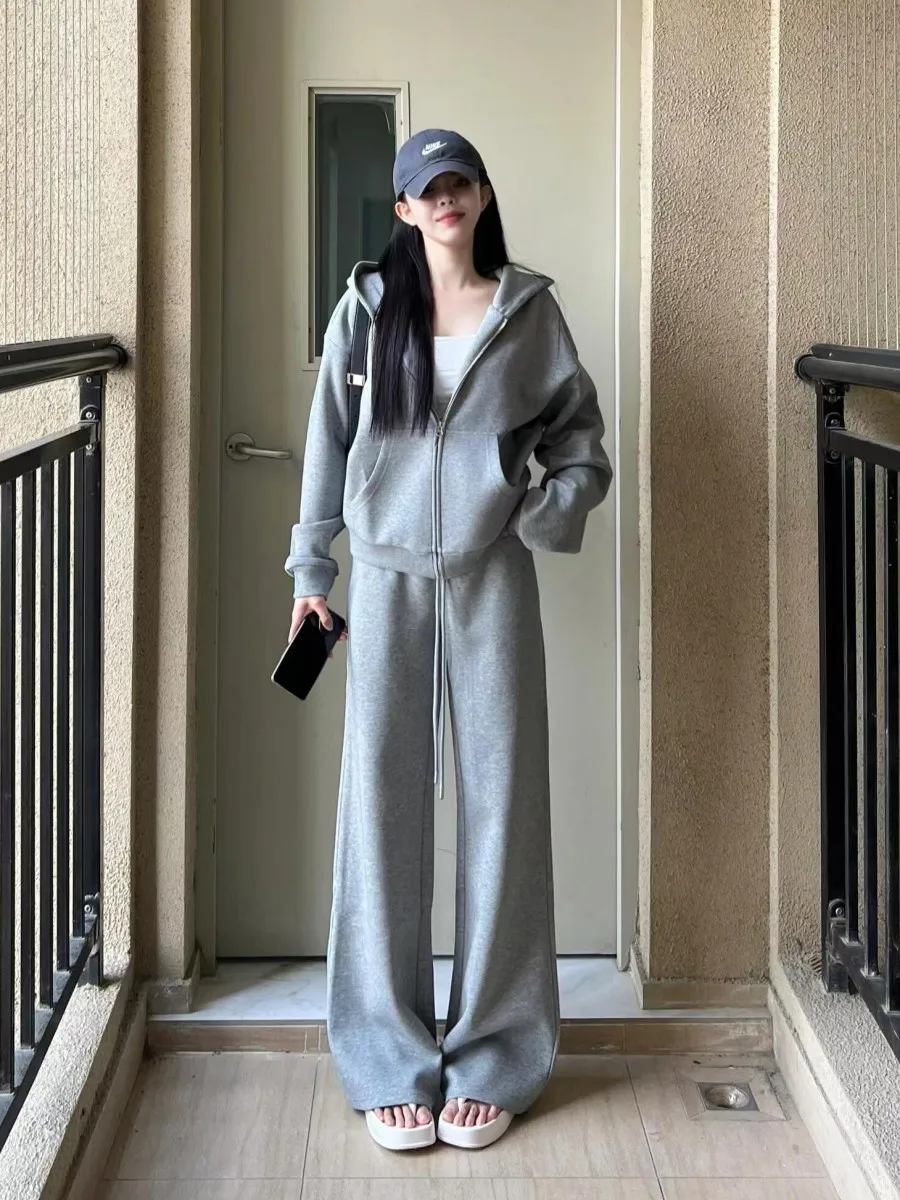 

Женский спортивный костюм на флисовой подкладке: свободный крой, повседневный комплект для бега из двух предметов (худи и брюки), осенняя мода, студенческий стиль